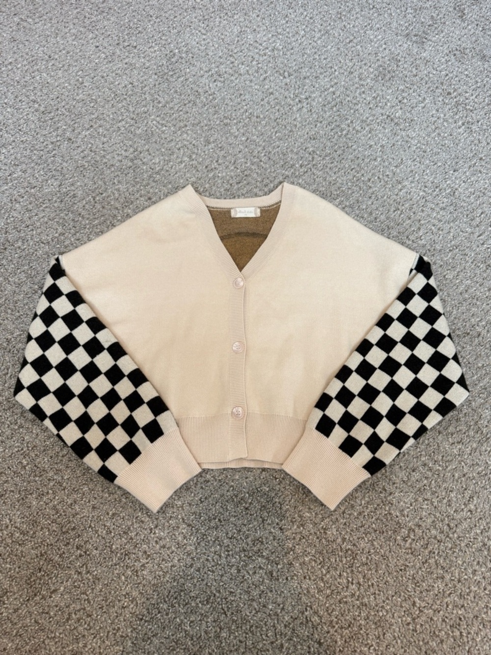 Altar'd State Cream V-Neck Cardigan with Black Checkerboard Sleeves